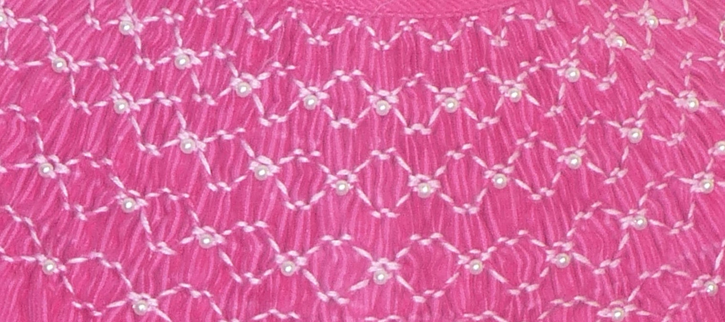 Hot Pink Corduroy Geo Smocked With Pearls Short Sleeve Bishop Dress