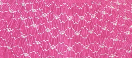 Hot Pink Corduroy Geo Smocked With Pearls Short Sleeve Bishop Dress