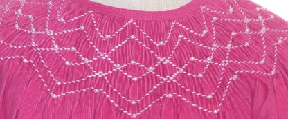 Hot Pink Corduroy Geo Smocked With Pearls Long Sleeve Bishop Dress