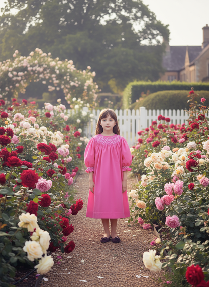 Hot Pink Corduroy Geo Smocked With Pearls Long Sleeve Bishop Dress