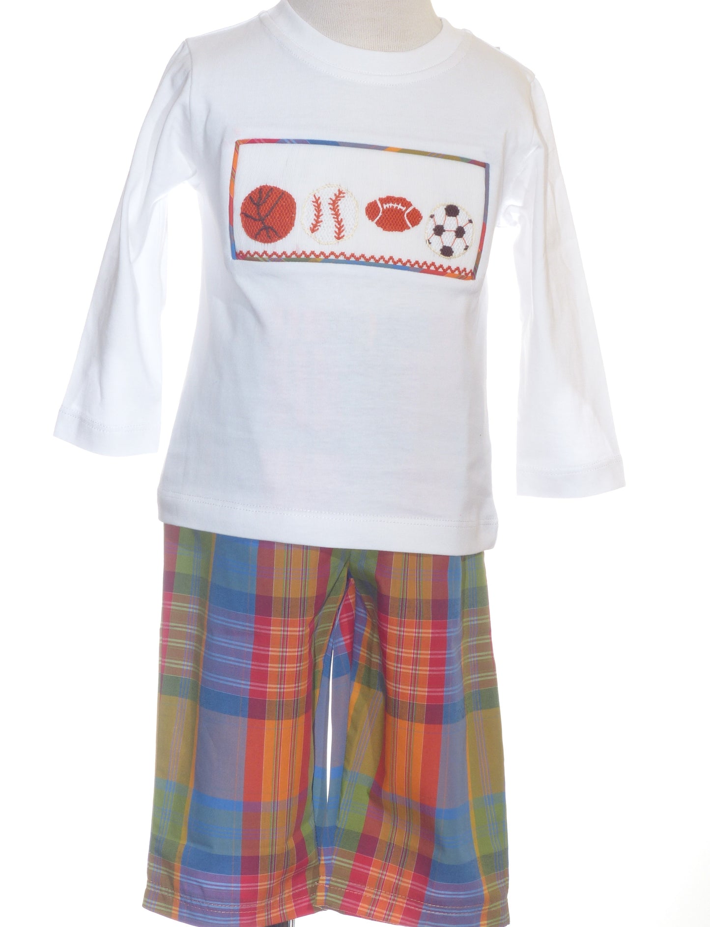Multi Colors Plaid Boy Pant & White Long Sleeve Knit Shirt featuring SPORTS theme Hand-Smocked