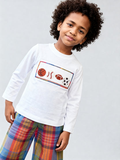 Multi Colors Plaid Boy Pant & White Long Sleeve Knit Shirt featuring SPORTS theme Hand-Smocked