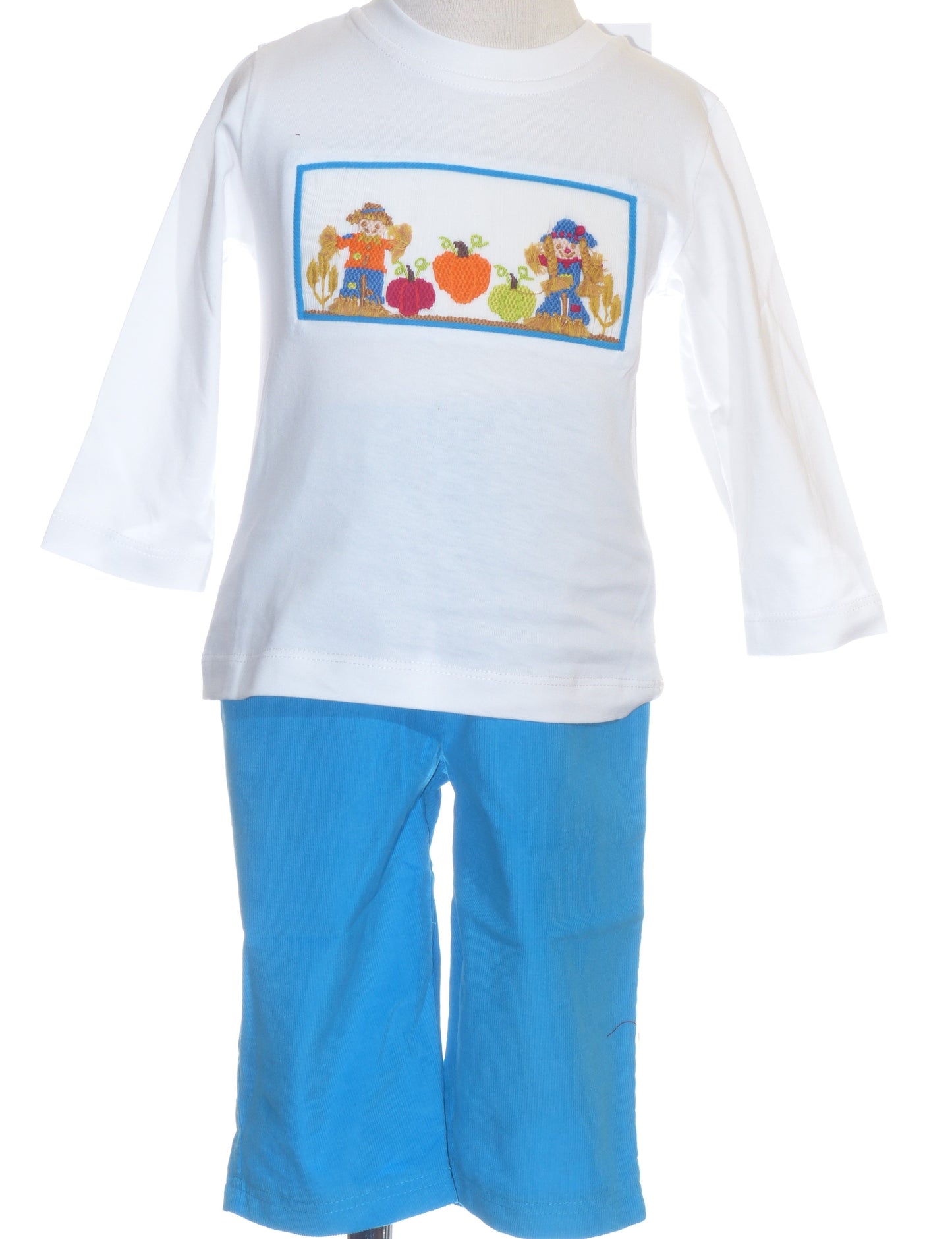White Long Sleeve T-shirt & Blue Pant Set featuring SCARECROWS AND PUMPKINDS Hand-Smocked