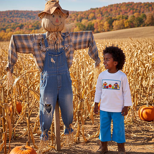 White Long Sleeve T-shirt & Blue Pant Set featuring SCARECROWS Hand-Smocked