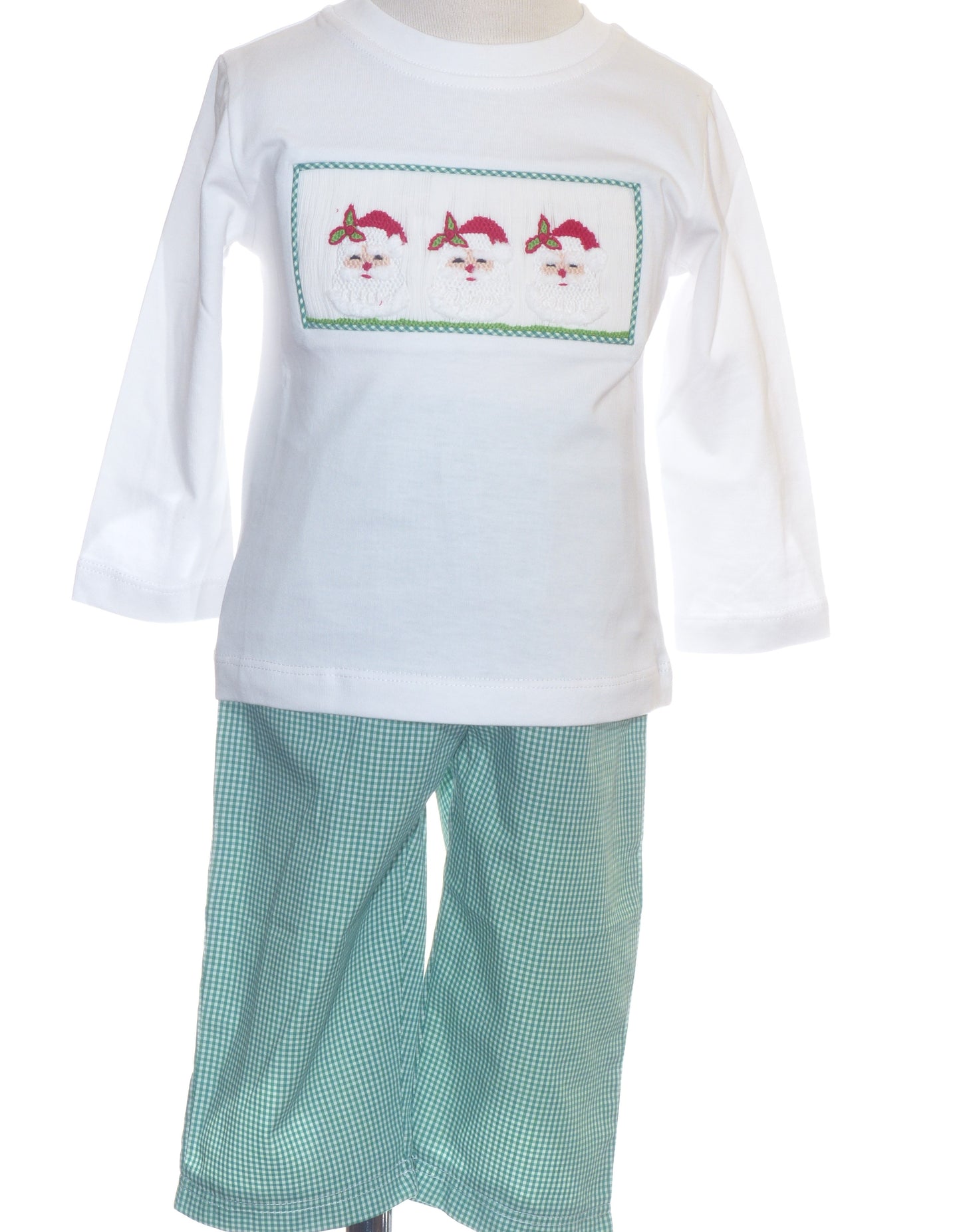 White Long Sleeve T-Shirt With SANTA Smocked & Green Boy's Long Pants