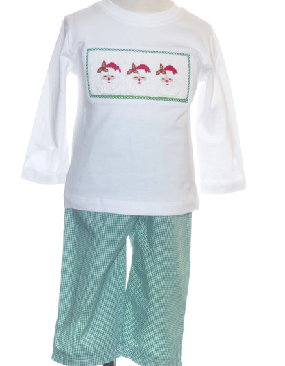 White Long Sleeve T-Shirt With SANTA Smocked & Green Boy's Long Pants