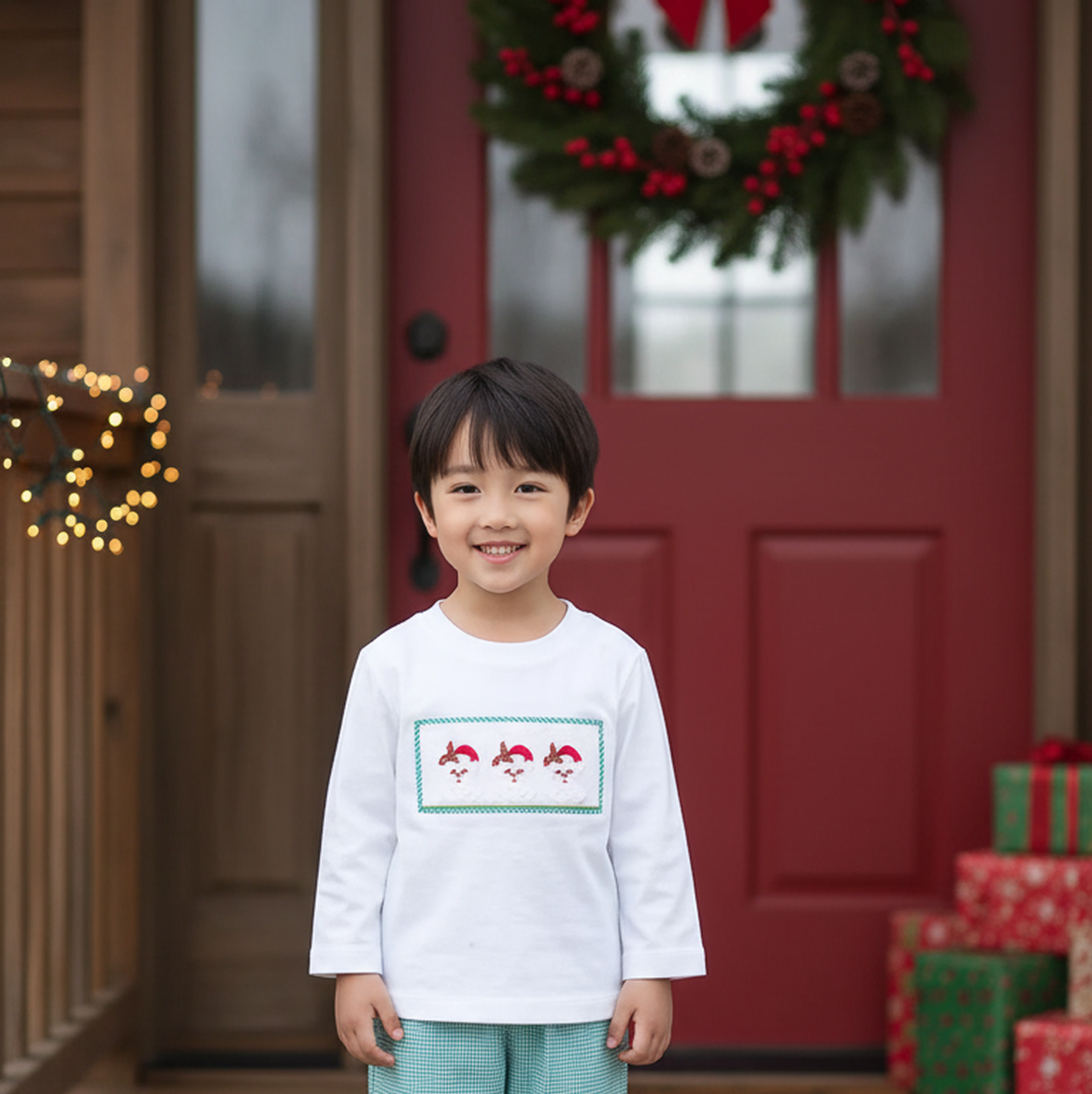 White Long Sleeve T-Shirt With SANTA Smocked & Green Boy's Long Pants