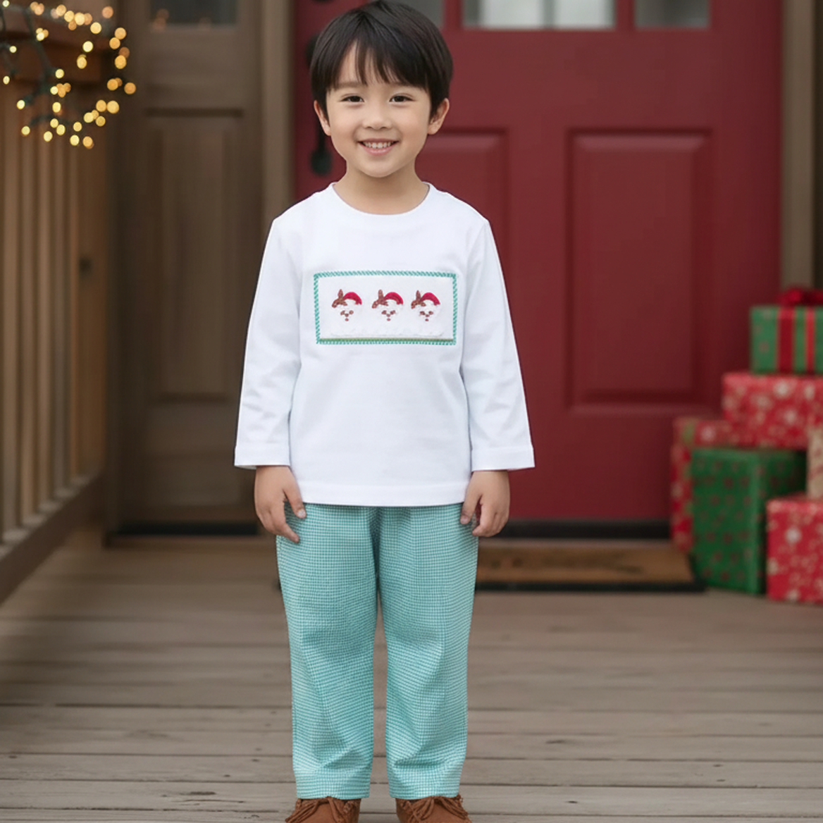 White Long Sleeve T-Shirt With SANTA Smocked & Green Boy's Long Pants