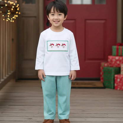 White Long Sleeve T-Shirt With SANTA Smocked & Green Boy's Long Pants