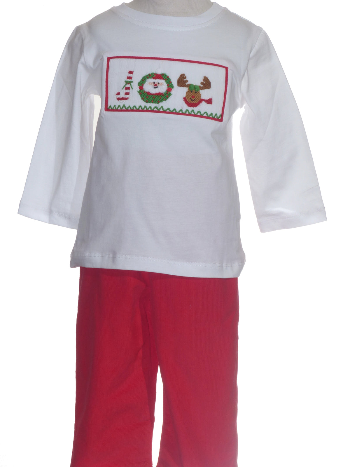 White Boy Long Sleeve Shirt With JOY Smocked & Matching Red Corduroy Pant