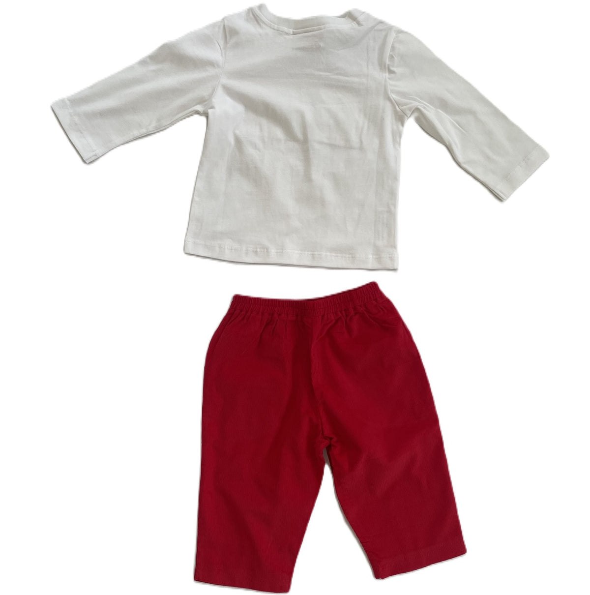White Boy Long Sleeve Shirt With JOY Smocked & Matching Red Corduroy Pant