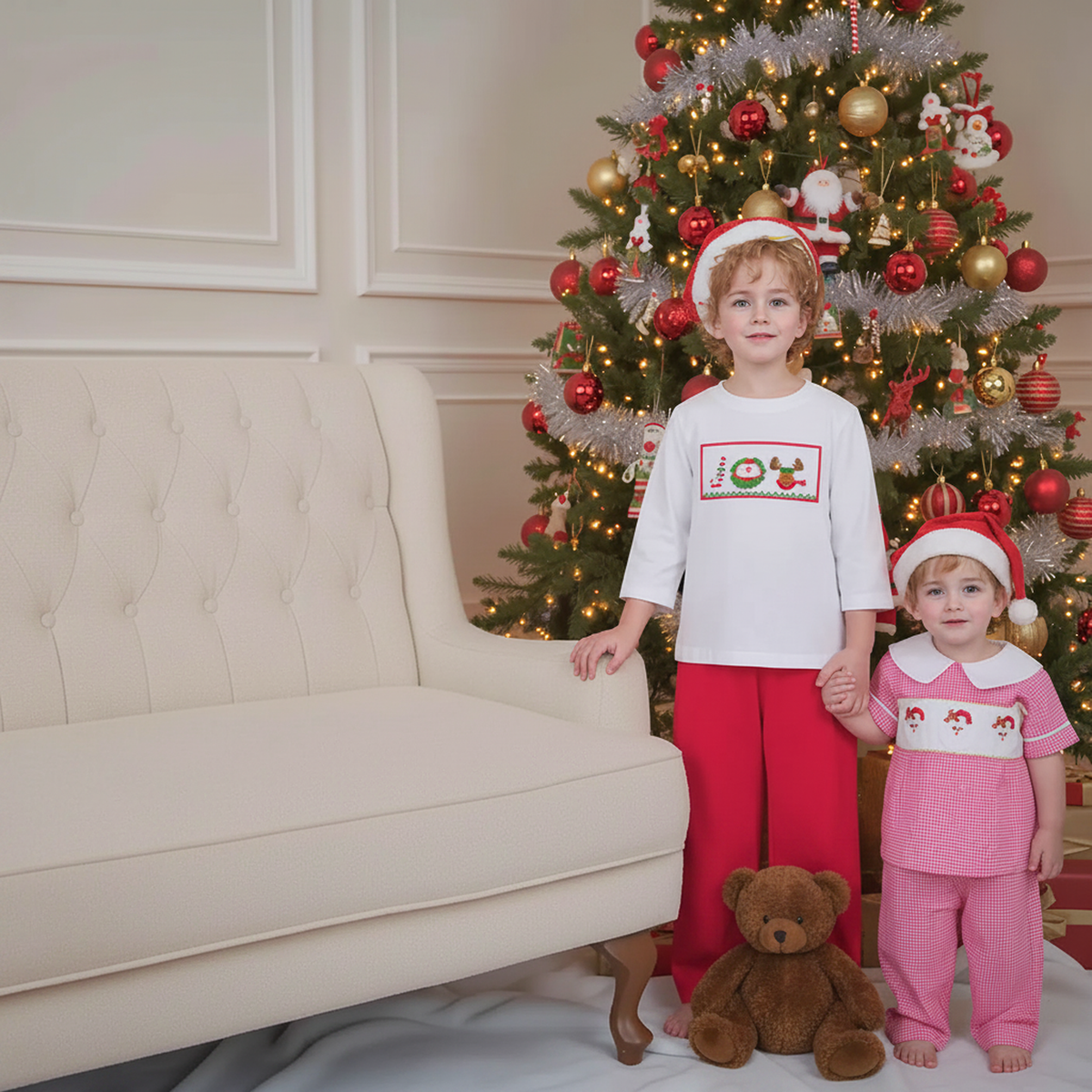 White Boy Long Sleeve Shirt With JOY Smocked & Matching Red Corduroy Pant