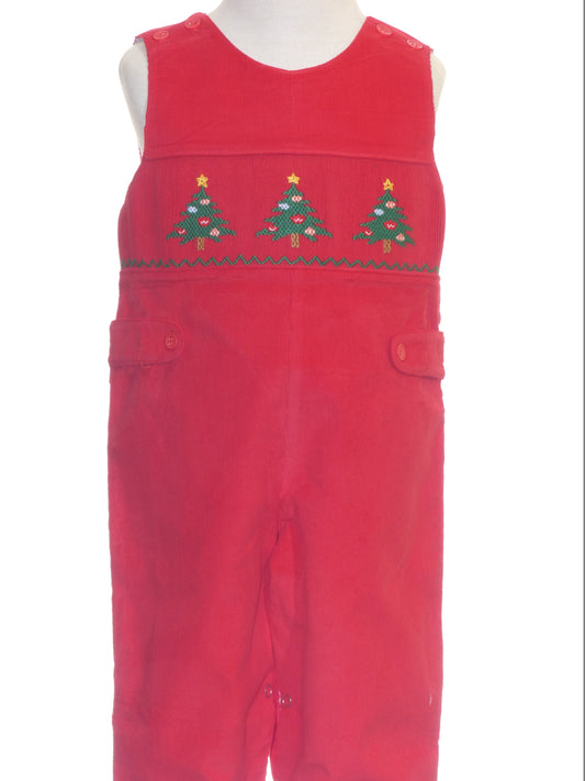 Red Corduroy Christmas Trees Smocked Boy Long Overall