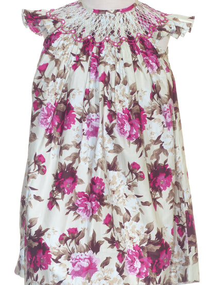 Cream with Pink Floral Pattern Geometric Smocked Angle Wing Sleeve Dress