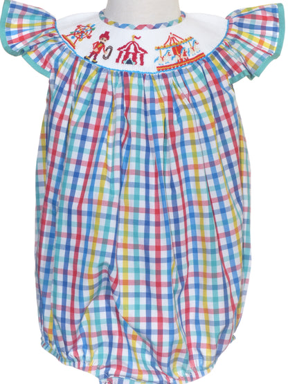 Multi Colors Checked Angel Wing Sleeve Bubble Featuring CARNIVAL Smocked