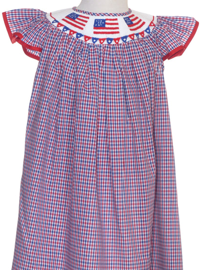 Red, White, BLue Gingham American Flags Smocked with Angle Wing Sleeve