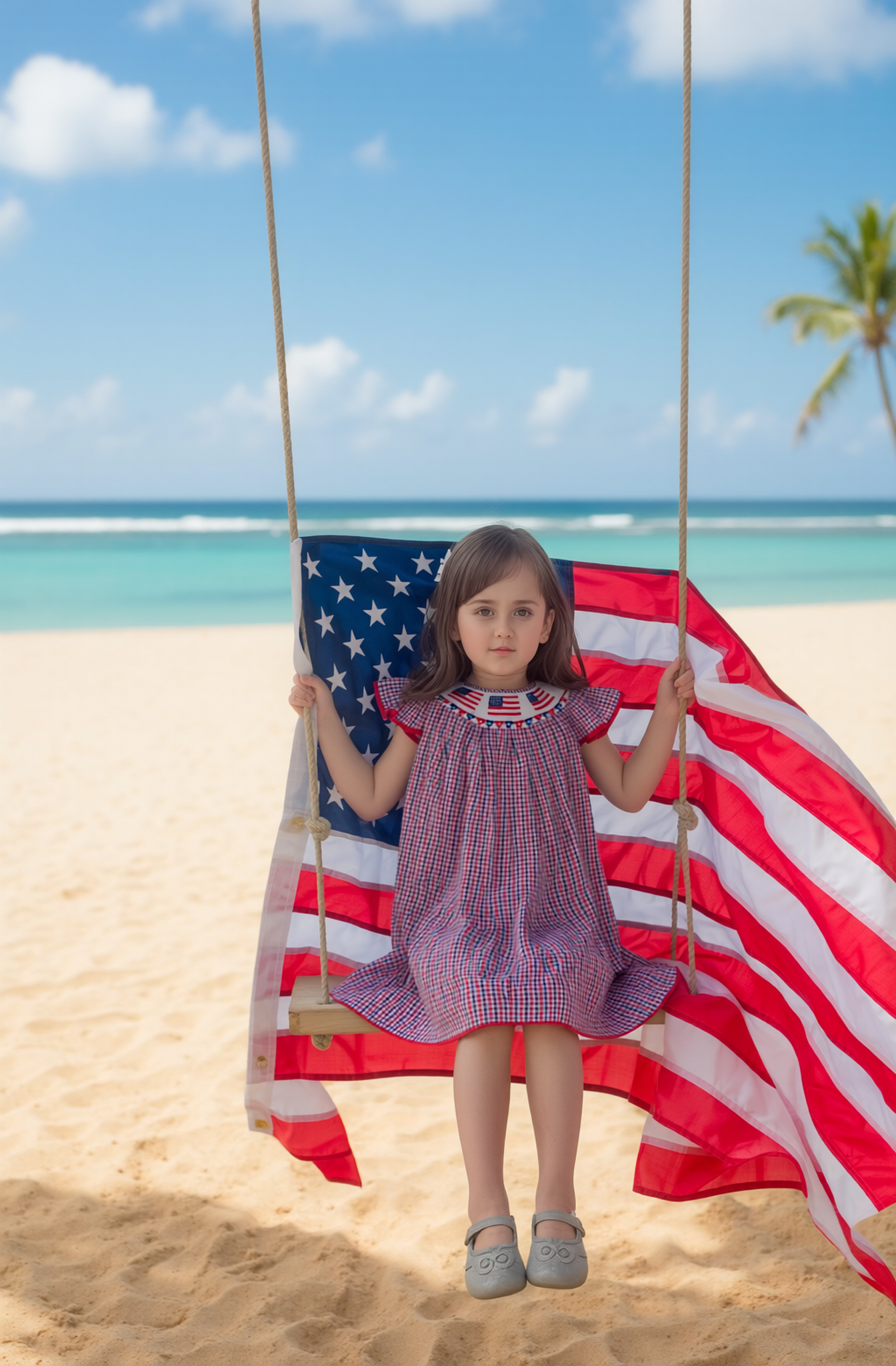 Red, White, BLue Gingham American Flags Smocked with Angle Wing Sleeve