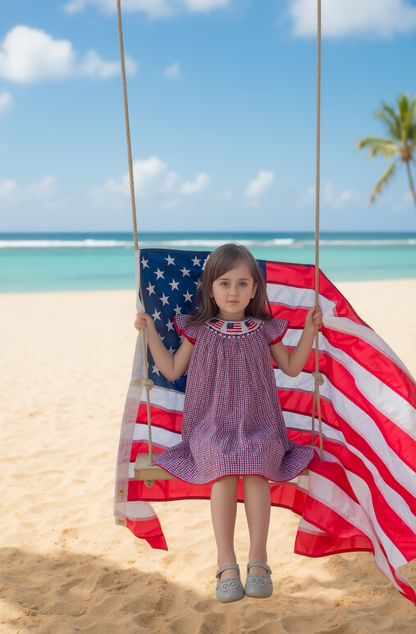 Red, White, BLue Gingham American Flags Smocked with Angle Wing Sleeve