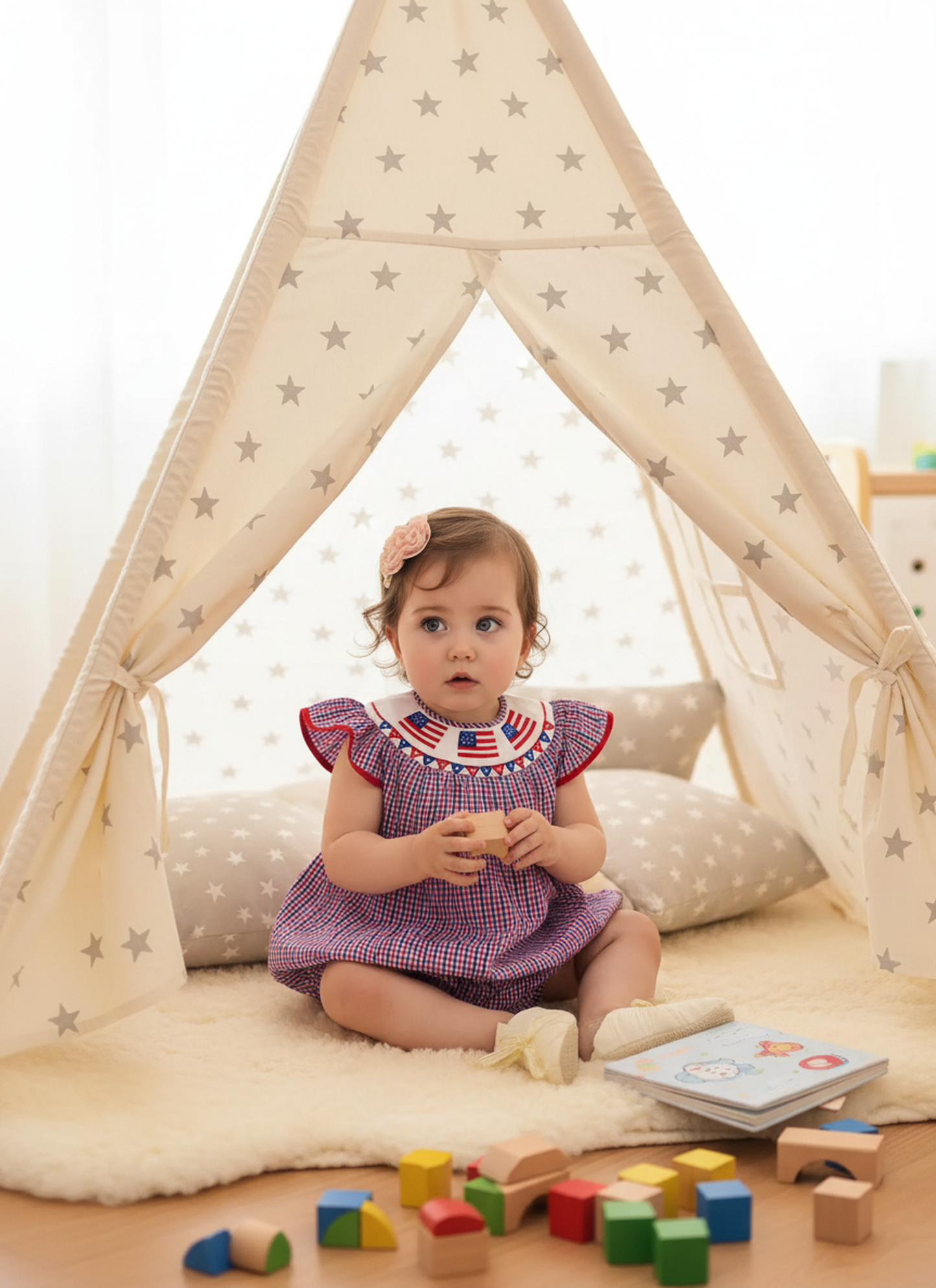 Red, White, BLue Gingham American Flags Smocked Bubble