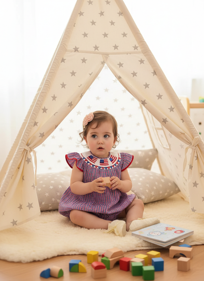Red, White, BLue Gingham American Flags Smocked Bubble