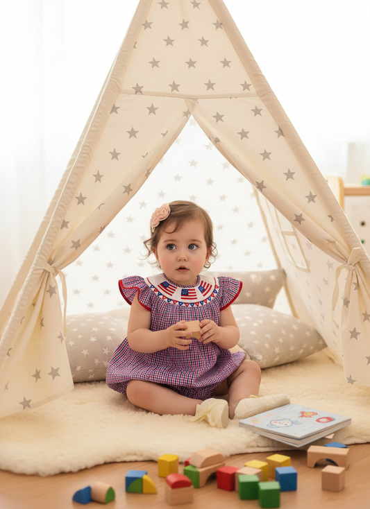 Red, White, BLue Gingham American Flags Smocked Bubble
