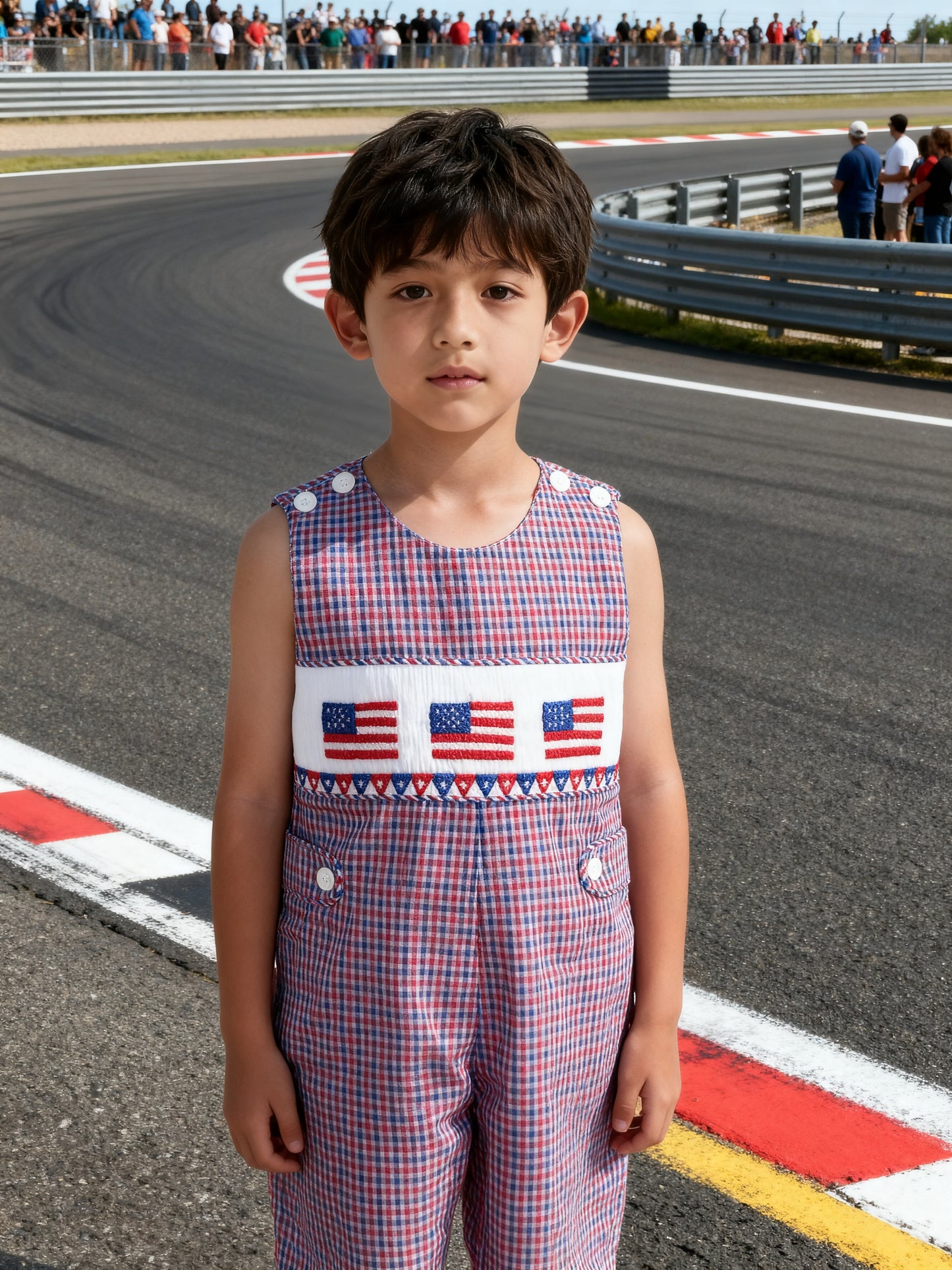 Red, White and Blue Gingham Boy Jon Jon featuring American Flag Smocked