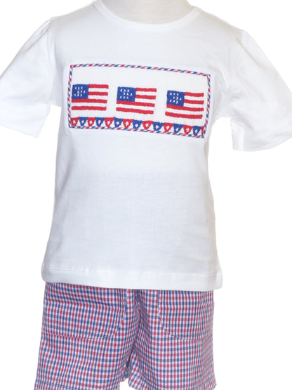 White T-shirt with Red, White, and Blue Gingham Short Featuring American Flag Smocked