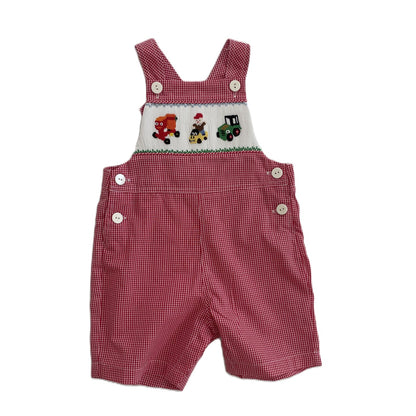 Red Gingham Boy Shortall With TOY VEHICLES Hand-Smocked