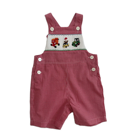 Red Gingham Boy Shortall With TOY VEHICLES Hand-Smocked