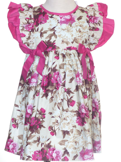 Cream with Pink Floral Pattern Geometric Smocked Flutter Sleeve Dress