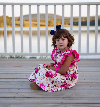 Cream with Pink Floral Pattern Geometric Smocked Flutter Sleeve Dress