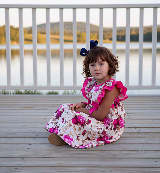 Cream with Pink Floral Pattern Geometric Smocked Flutter Sleeve Dress