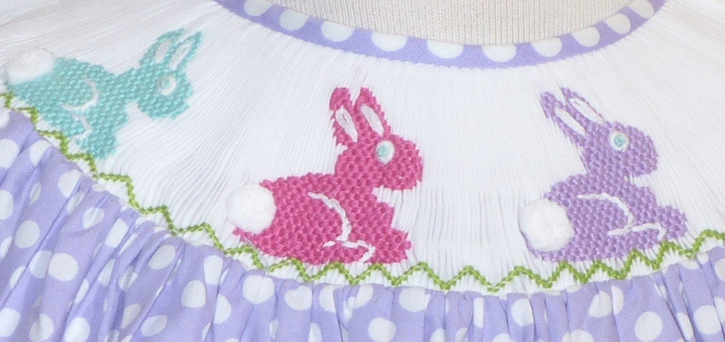 Purple Bunny Smocked Short Sleeve Bishop Dress
