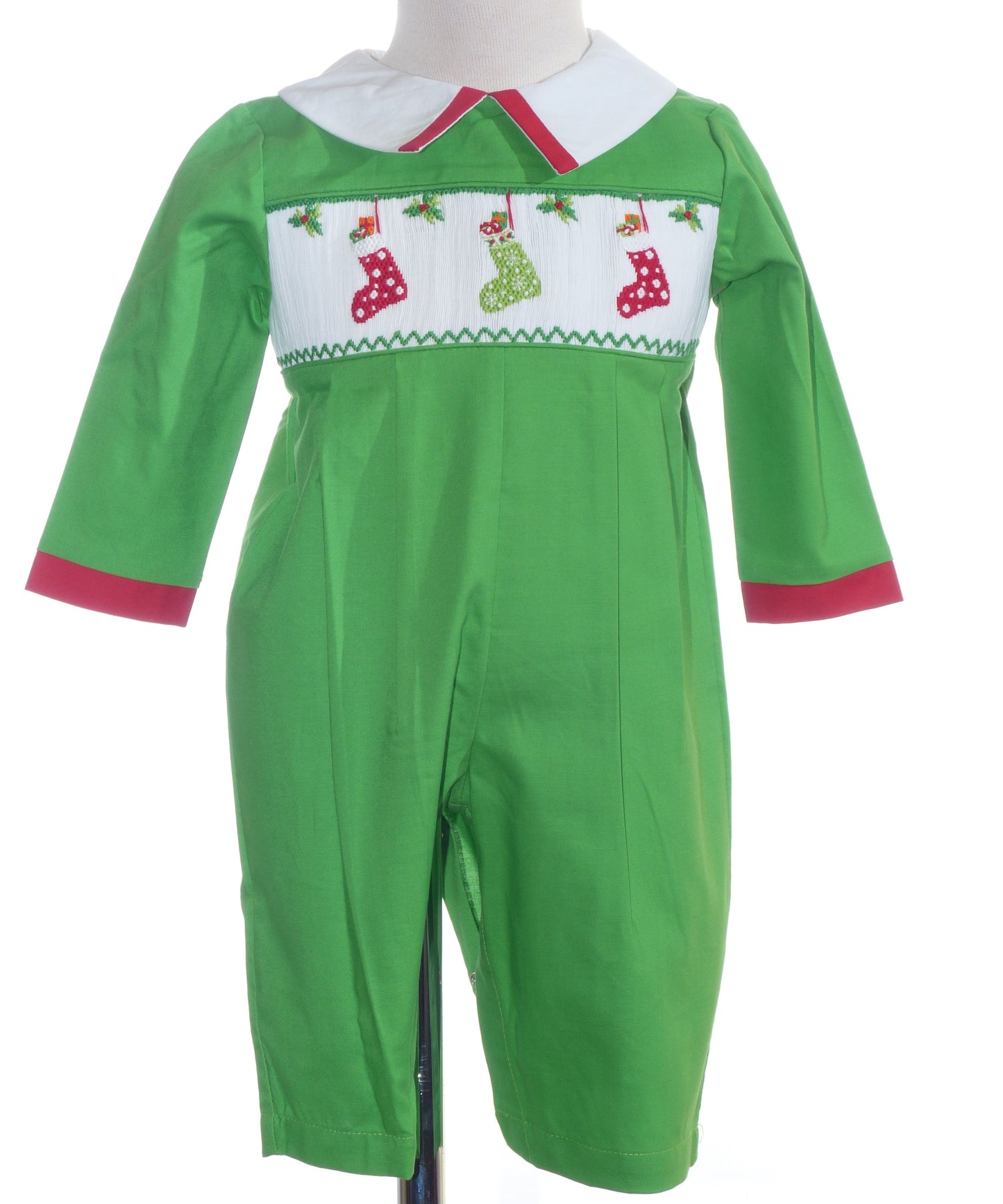 Green Long Sleeve Boy Romper Featuring CHRISTMAS STOCKINGS Smocked