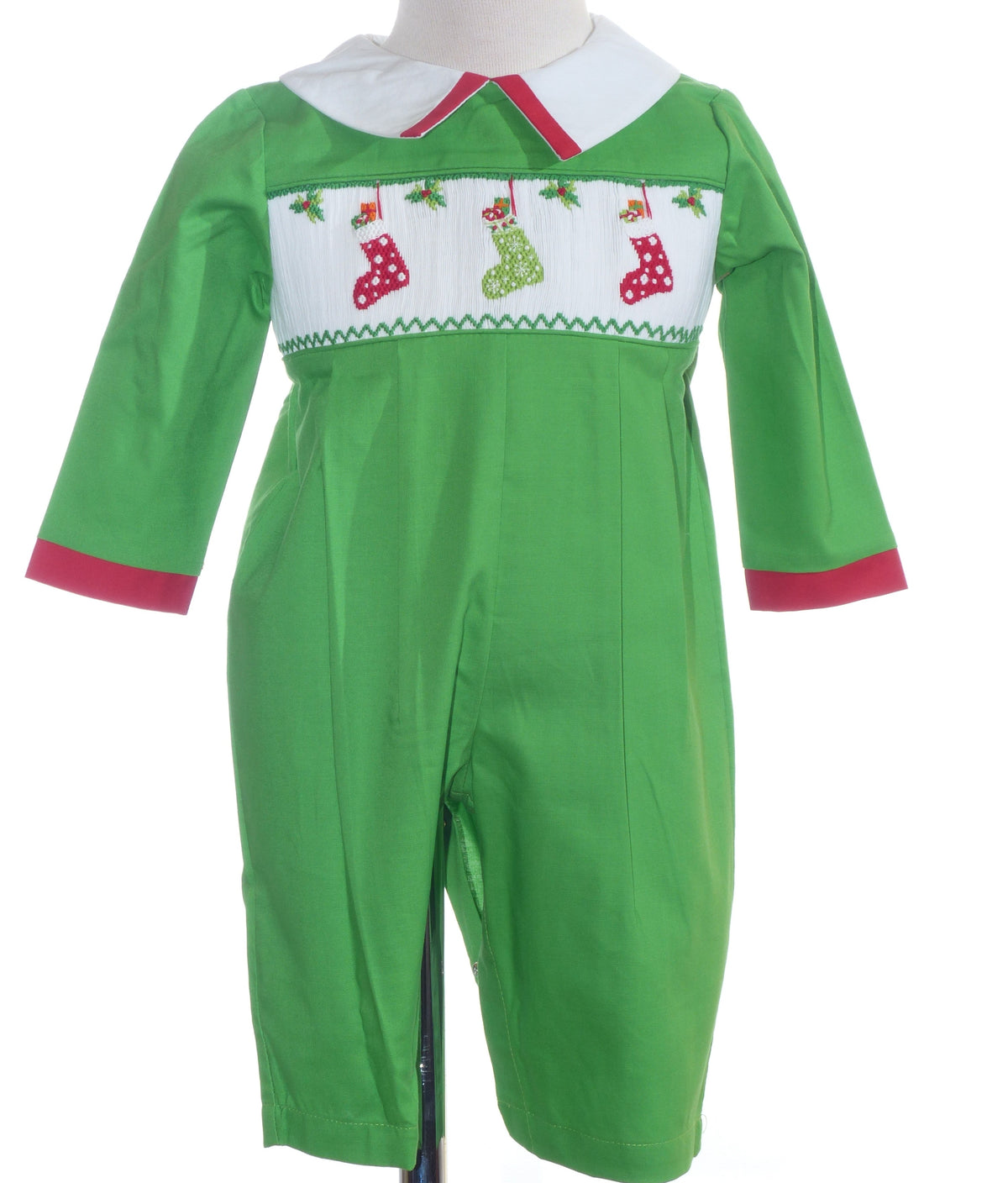 Green Long Sleeve Boy Romper Featuring CHRISTMAS STOCKINGS Smocked