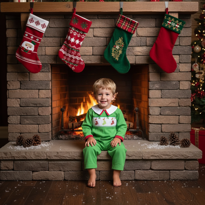 Green Long Sleeve Boy Romper Featuring CHRISTMAS STOCKINGS Smocked