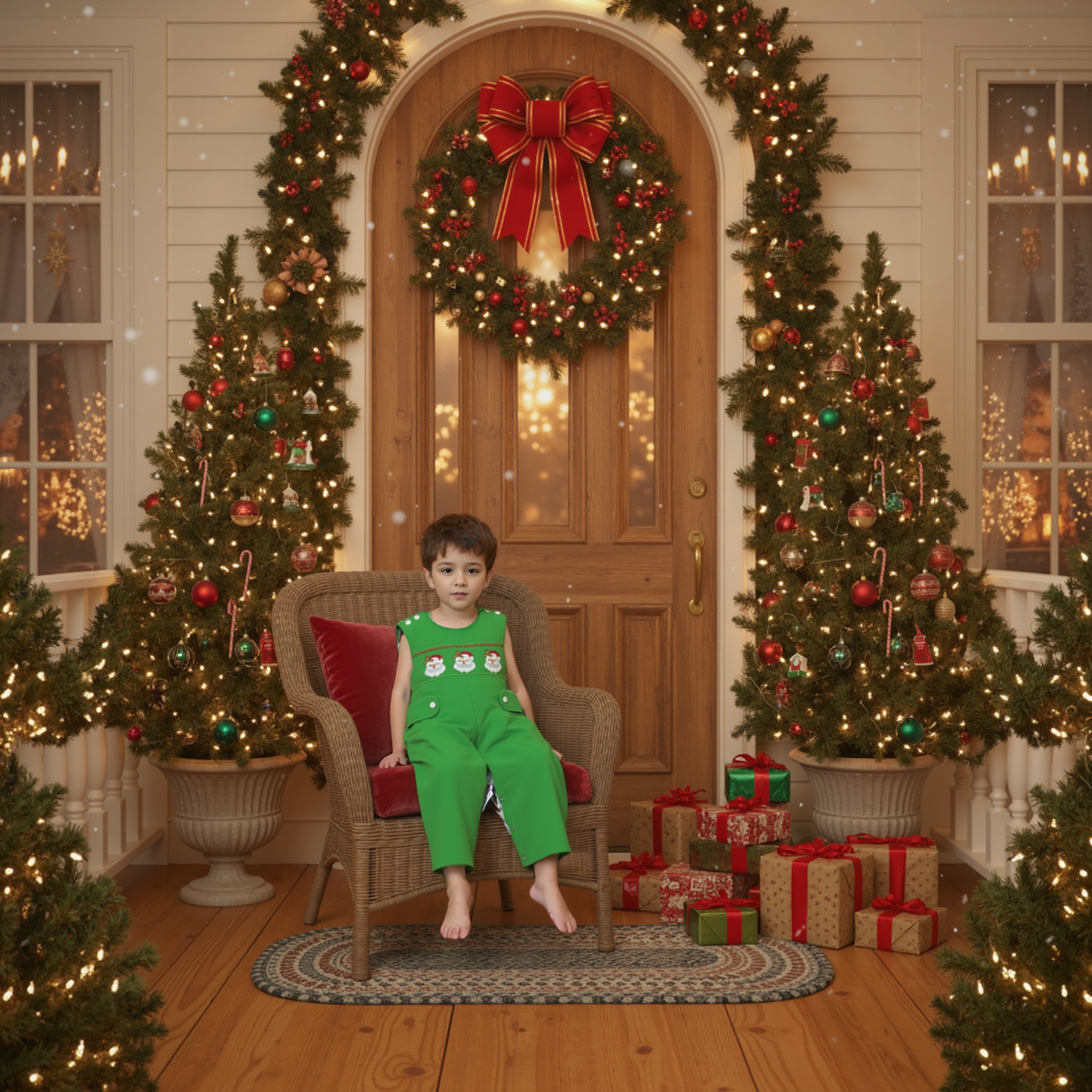 Green Corduroy Santa Smocked Boy Short Overall