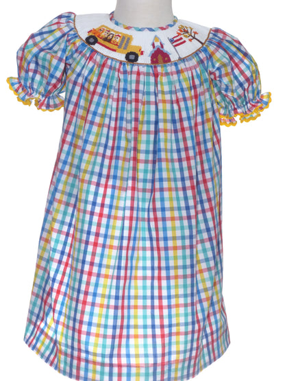 Multi Colors SCHOOL BUS Smocked Short Bishop Sleeve Dress