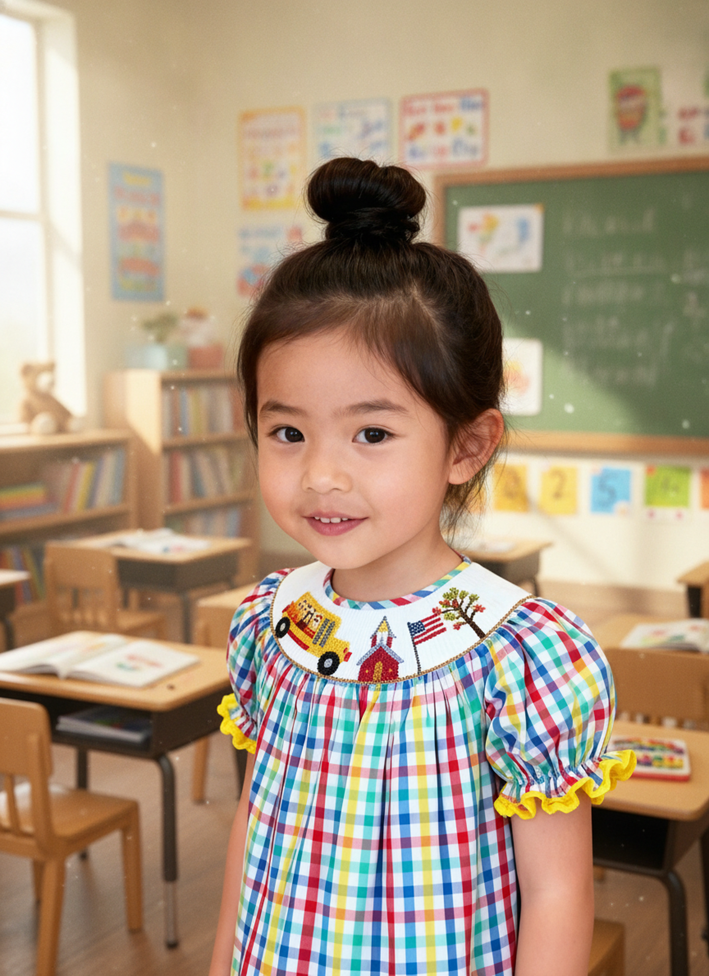 Multi Colors SCHOOL BUS Smocked Short Bishop Sleeve Dress
