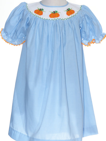 Light Blue Gingham Short Bishop Sleeve Dress featuring PUMPKINS Hand-Smocked