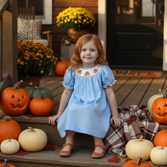 Light Blue Gingham Short Bishop Sleeve Dress featuring PUMPKINS Hand-Smocked
