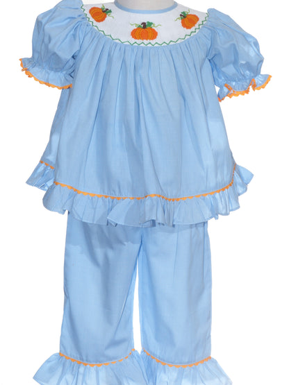 Blue Gingham Short Bishop Sleeve Pant Set With Ruffles featuring PUMPKINS Hand-Smocked