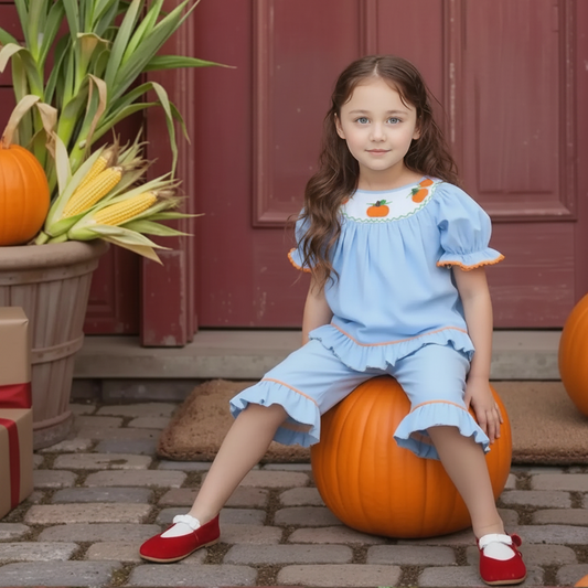 Blue Gingham Short Bishop Sleeve Pant Set With Ruffles featuring PUMPKINS Hand-Smocked