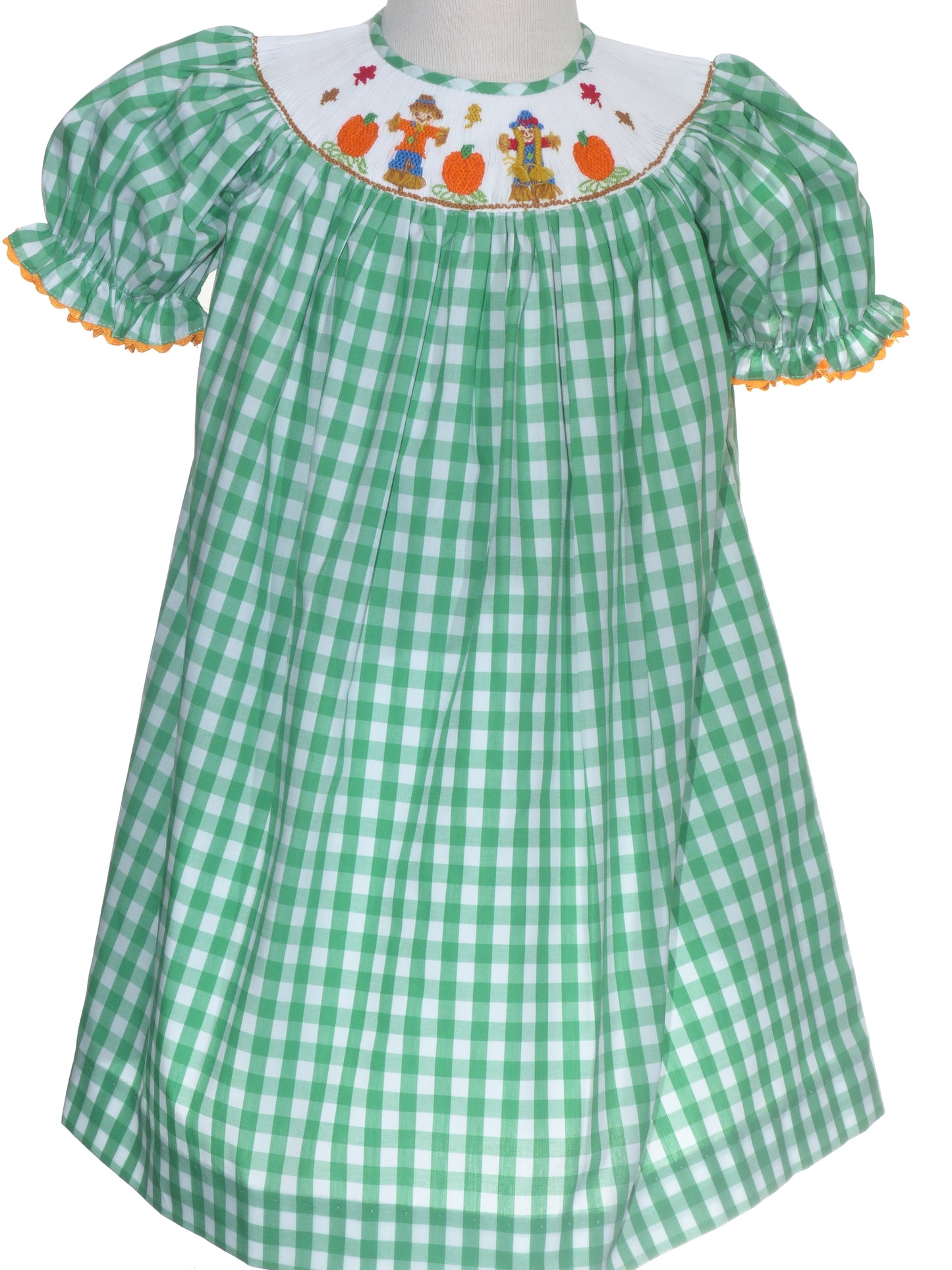 Green Gingham Short Sleeve Bishop Dress featuring SCARECROWS Hand-Smocked