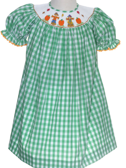 Green Gingham Short Sleeve Bishop Dress featuring SCARECROWS Hand-Smocked