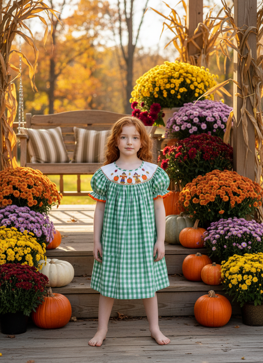 Green Gingham Short Sleeve Bishop Dress featuring SCARECROWS Hand-Smocked
