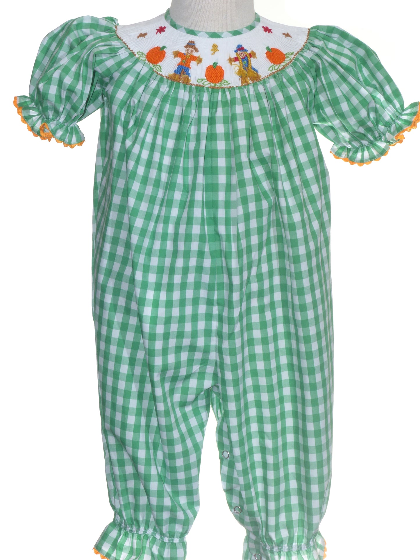 Green Gingham Short Sleeve Romper featuring SCARECROWS Smocked