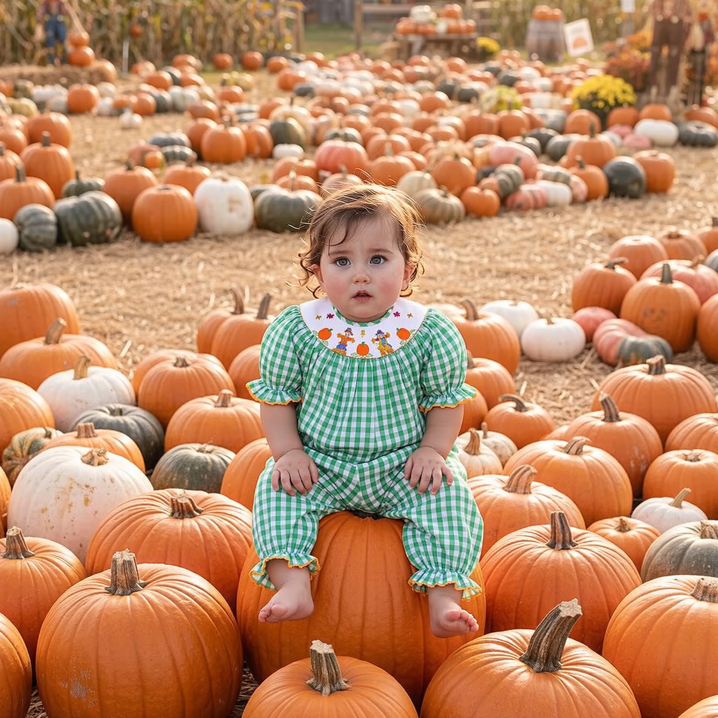 Green Gingham Short Sleeve Romper featuring SCARECROWS Smocked