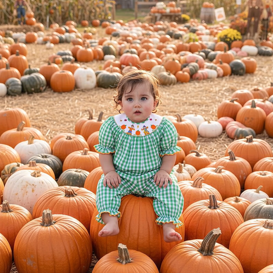Green Gingham Short Sleeve Romper featuring SCARECROWS Smocked