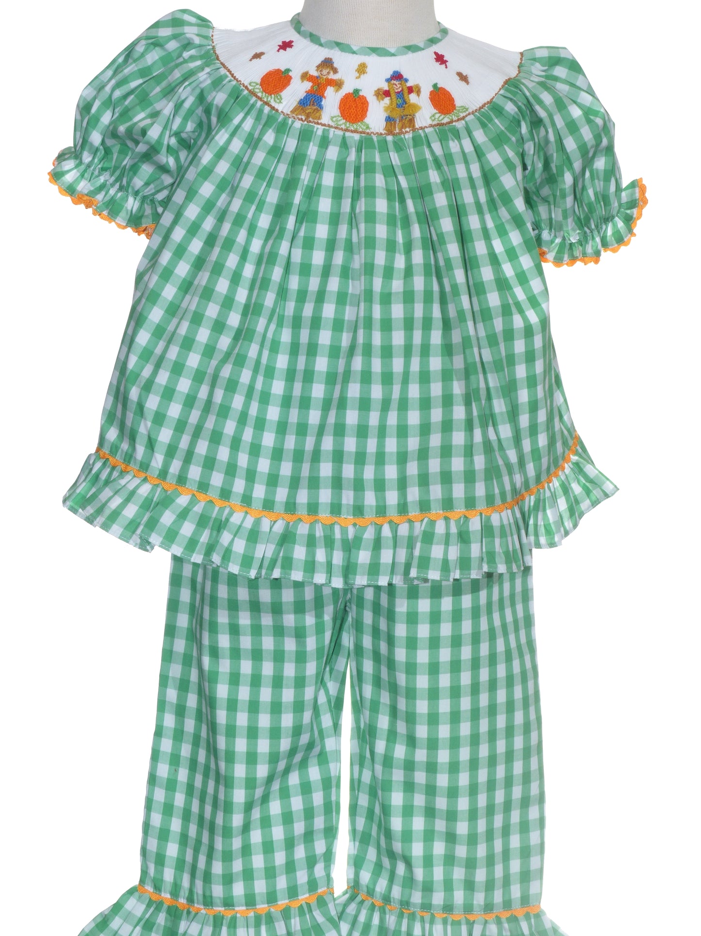 Green Gingham Short Sleeve Pant Set featuring SCARECROWS Hand-Smocked